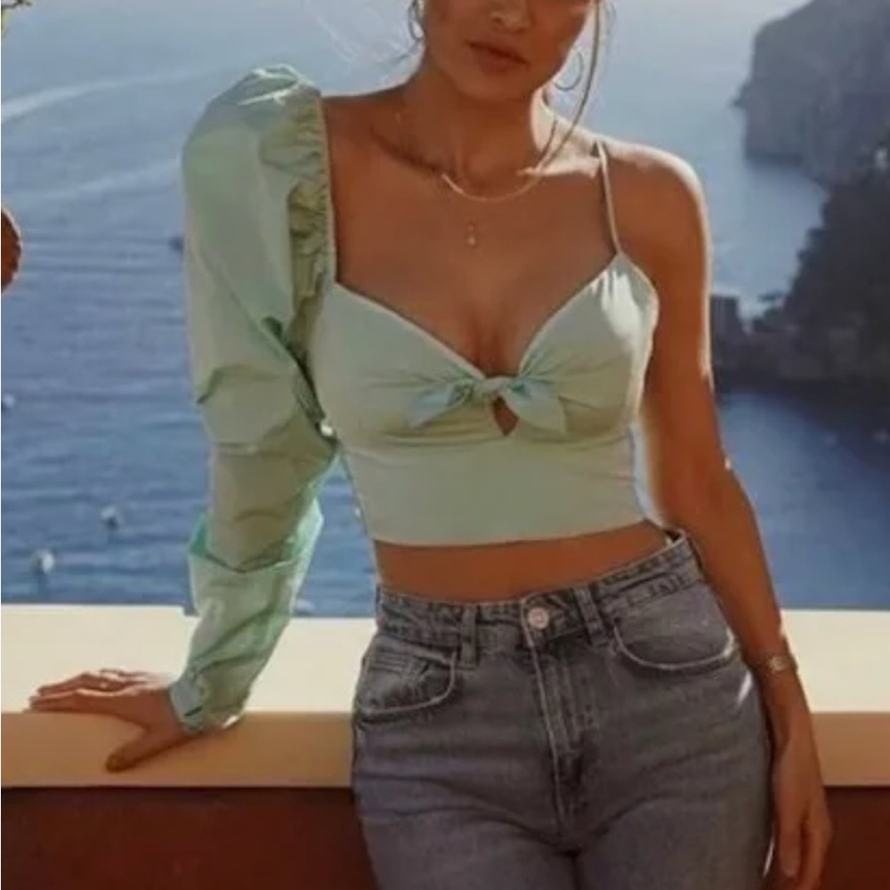 Zara Mint One-Shoulder Tie-Front Crop Top